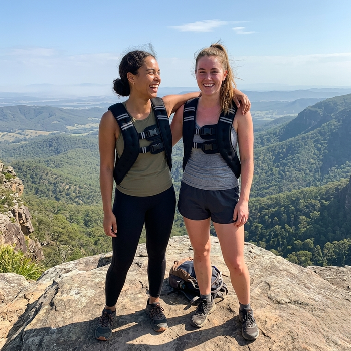 Two smiling young women on a rocky mountain summit with a valley view, both wearing black HEFT weighted vests