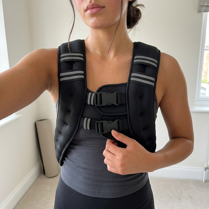 Dark-haired woman indoors taking a selfie in the black HEFT weighted vest over a grey tank top