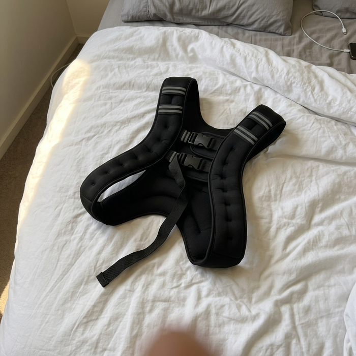 The black HEFT weighted vest laid out on a white bed, showing its straps and buckles
