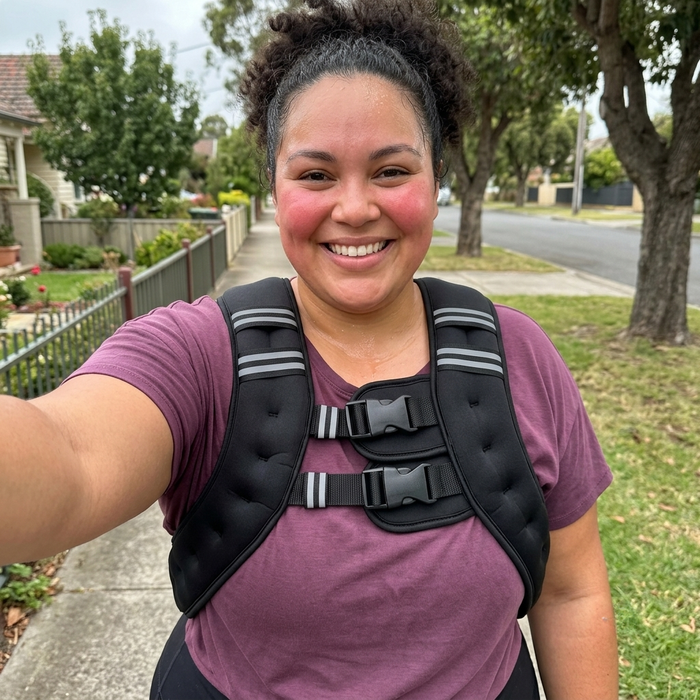 Smiling woman taking a selfie on a suburban footpath, wearing the black HEFT weighted vest over a purple tee
