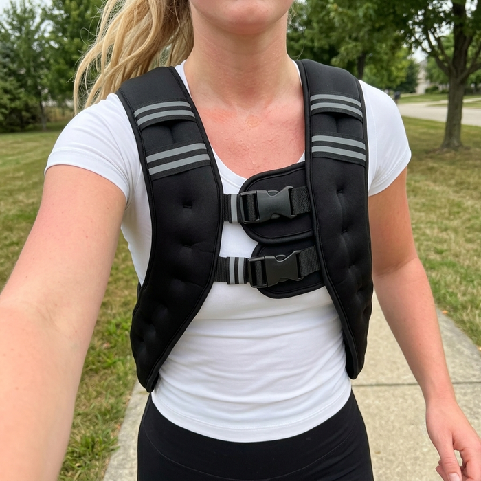 Blonde woman on a grassy park path taking a daytime selfie in the black HEFT weighted vest over a white tee