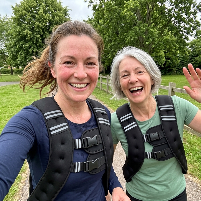 Two smiling women taking a selfie on a grassy park path, both wearing black HEFT weighted vests