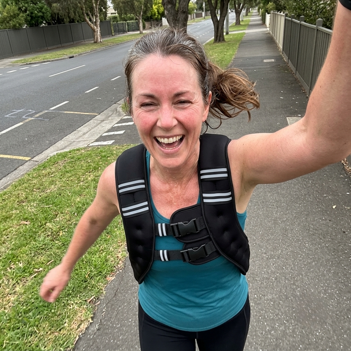 Laughing woman taking a selfie beside a suburban footpath, wearing the black HEFT weighted vest over a teal top