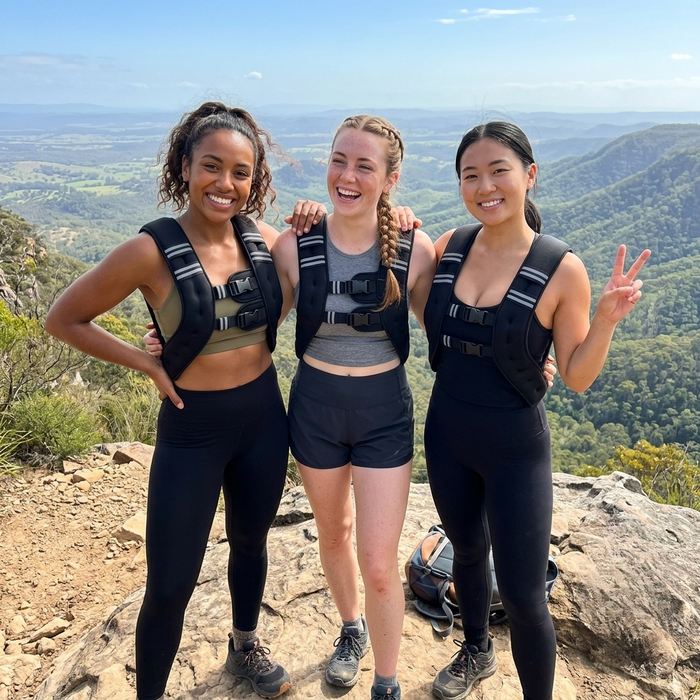 Three smiling young women on a rocky mountain lookout with a valley view, all wearing black HEFT weighted vests