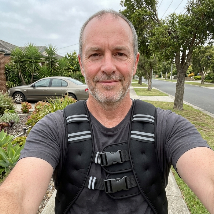 Grey-bearded older man taking a selfie on a suburban street, wearing the black HEFT weighted vest over a grey tee