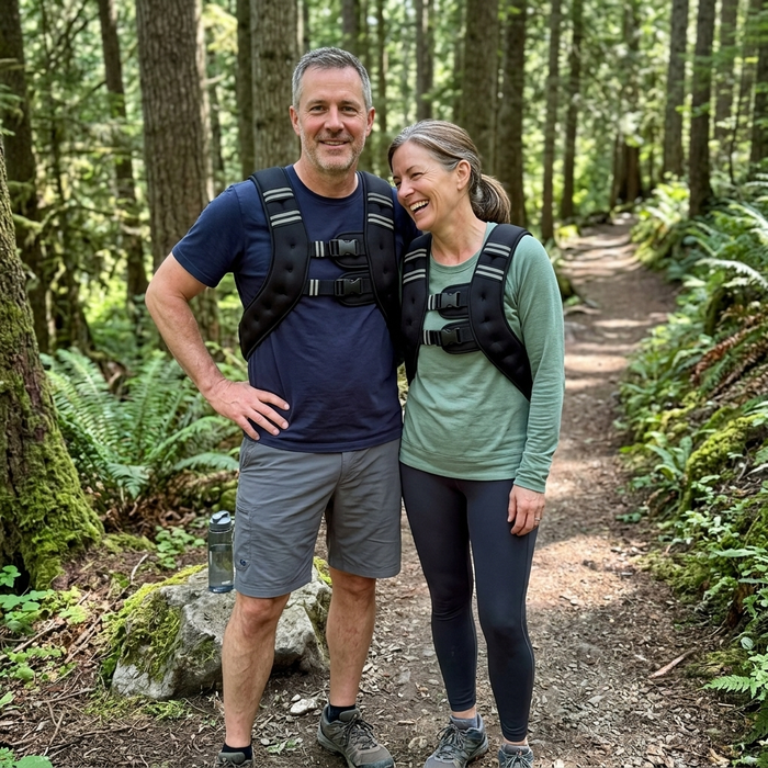 Smiling middle-aged couple standing on a forest trail, both wearing black HEFT weighted vests