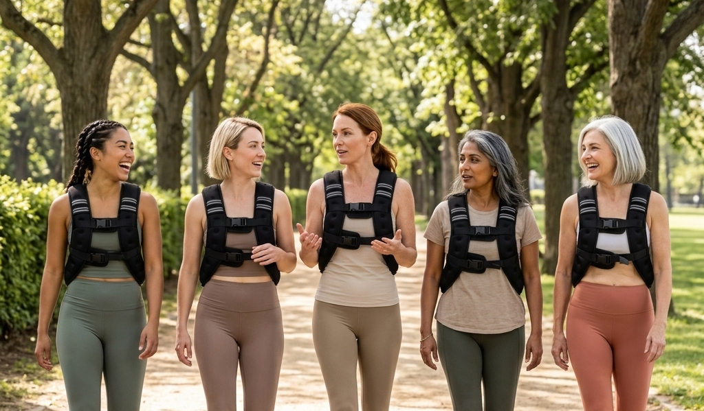 Five women of different ages walking a tree-lined park path together in black HEFT weighted vests